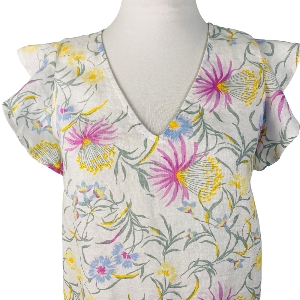 Joie Floral 100% Linen Ruffle Cap Sleeve V-Neck Dress Sz X Small - Picture 2 of 8